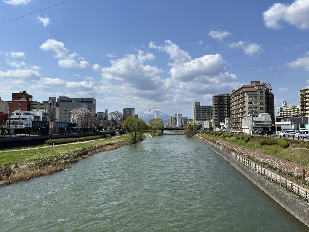 開運橋から眺める木伏緑地と北上川、岩手山